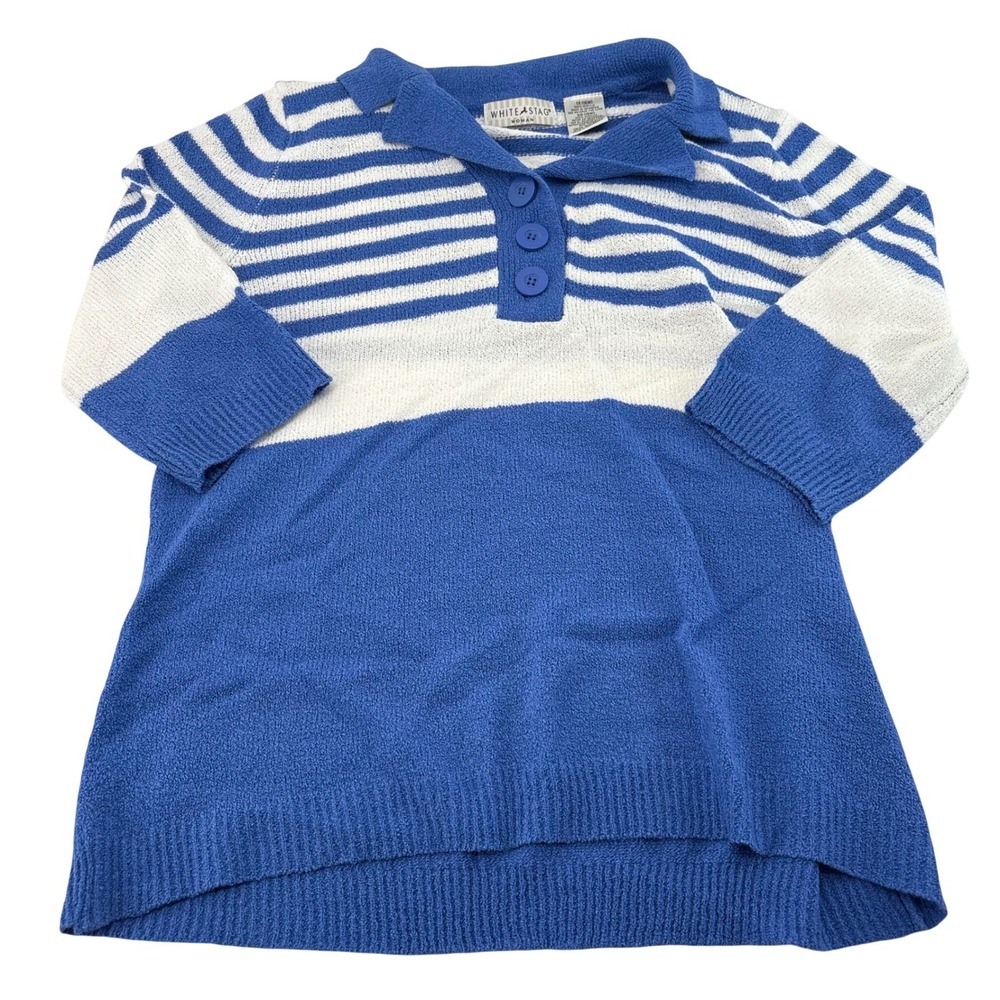 White Stag Woman Blue White Striped Polo Sweater Knit Top Plus 1X 16W Nautical